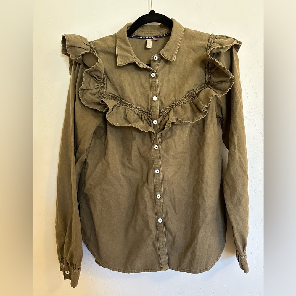 Anthropologie Olive Ruffle Blouse